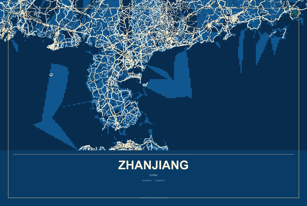 Zhanjiang, China City Map Aluminum Sign in Harbor Cobalt style