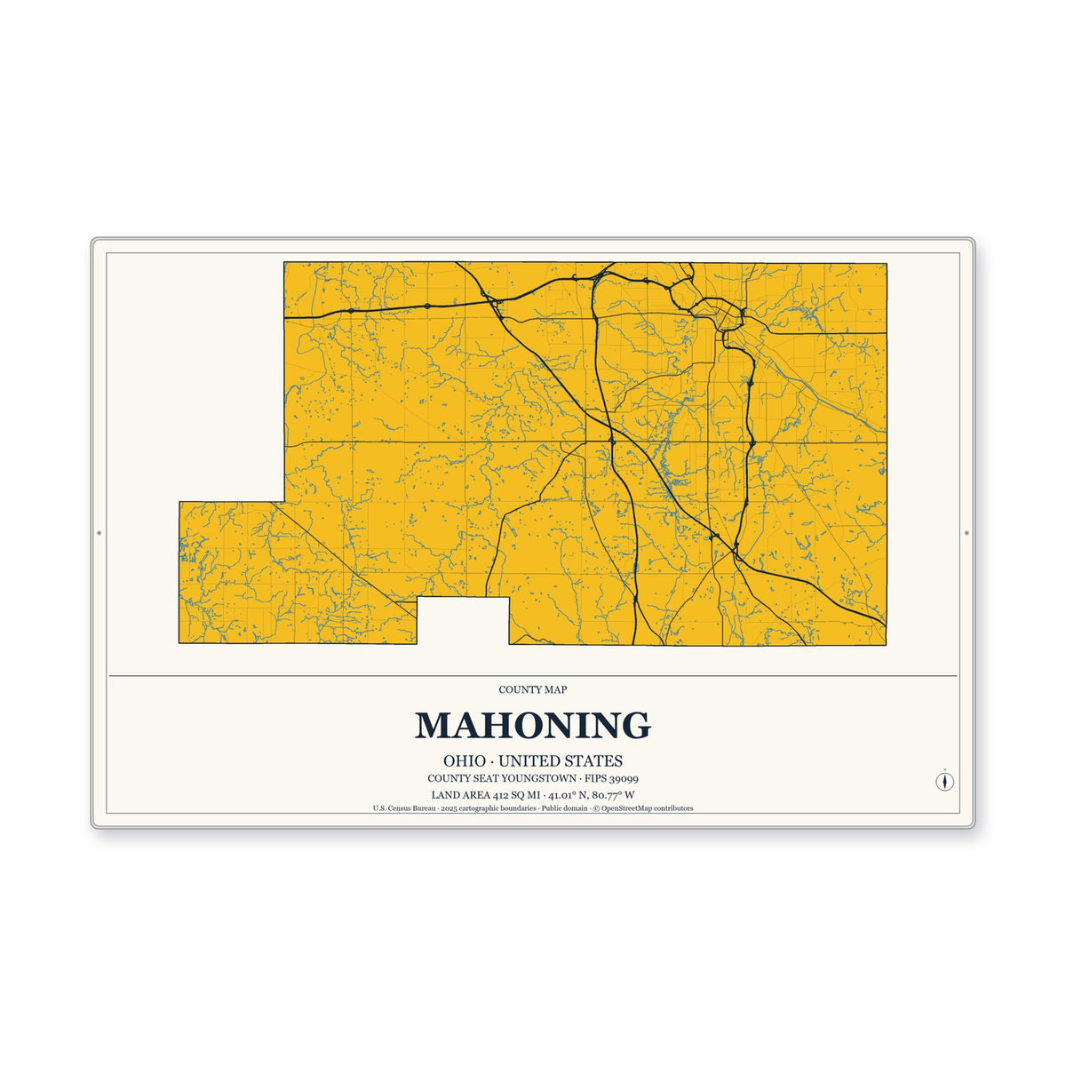Mahoning County, Ohio Map Aluminum Sign in Citrine Modern style
