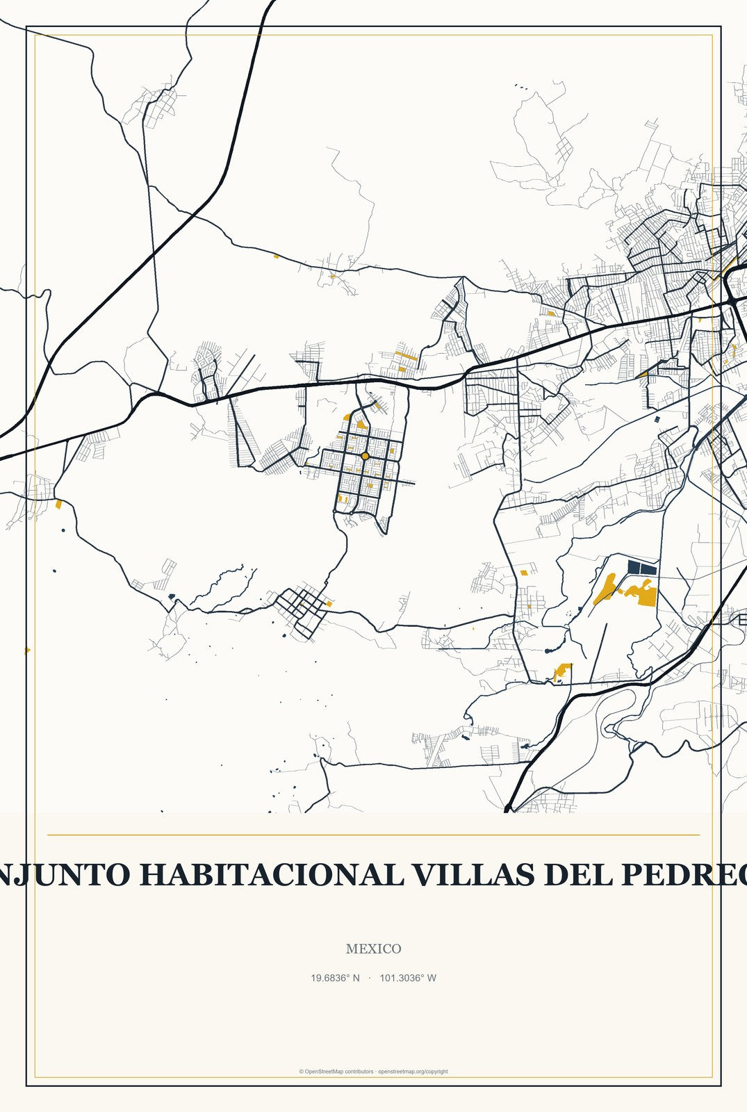 Conjunto Habitacional Villas del Pedregal, Mexico City Map Aluminum Sign in Citrine Modern style