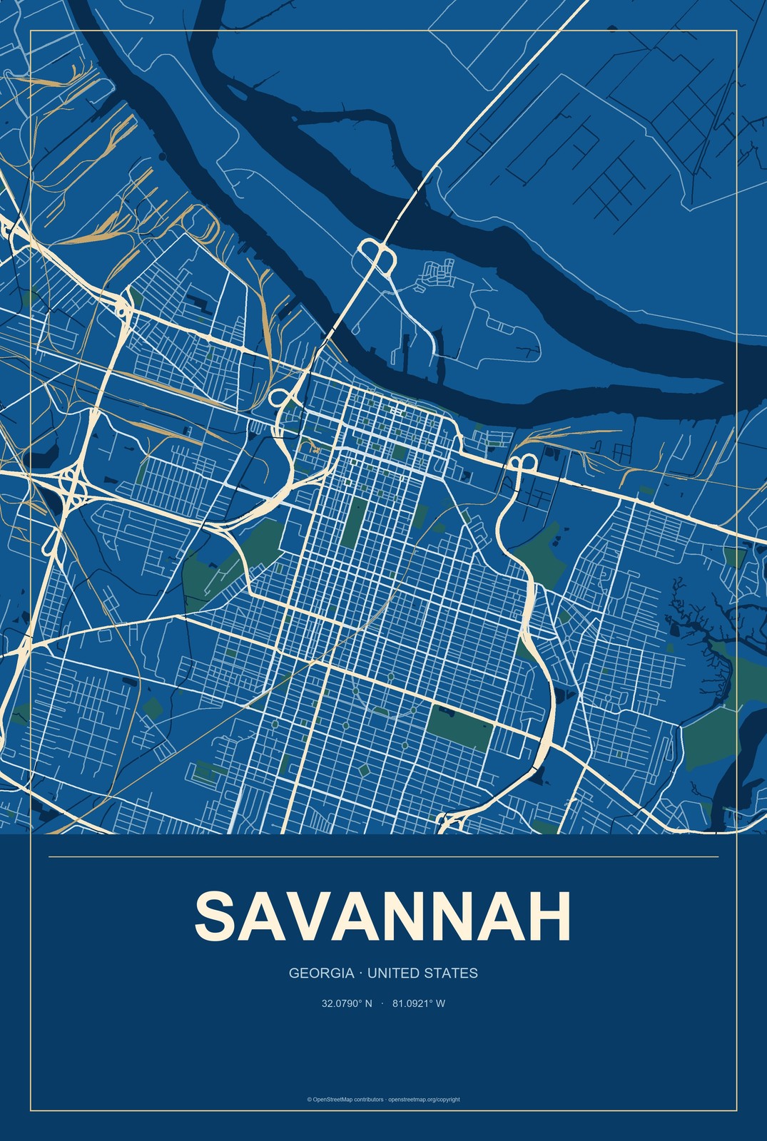 Savannah, Georgia City Map Aluminum Sign in Harbor Cobalt style