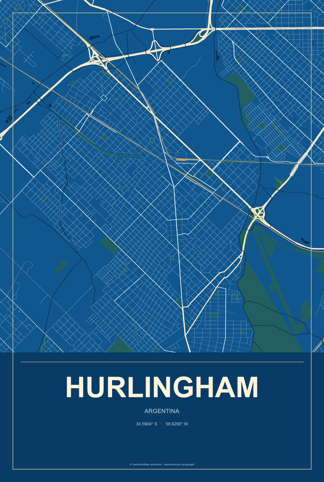 Hurlingham, Argentina City Map Aluminum Sign in Harbor Cobalt style