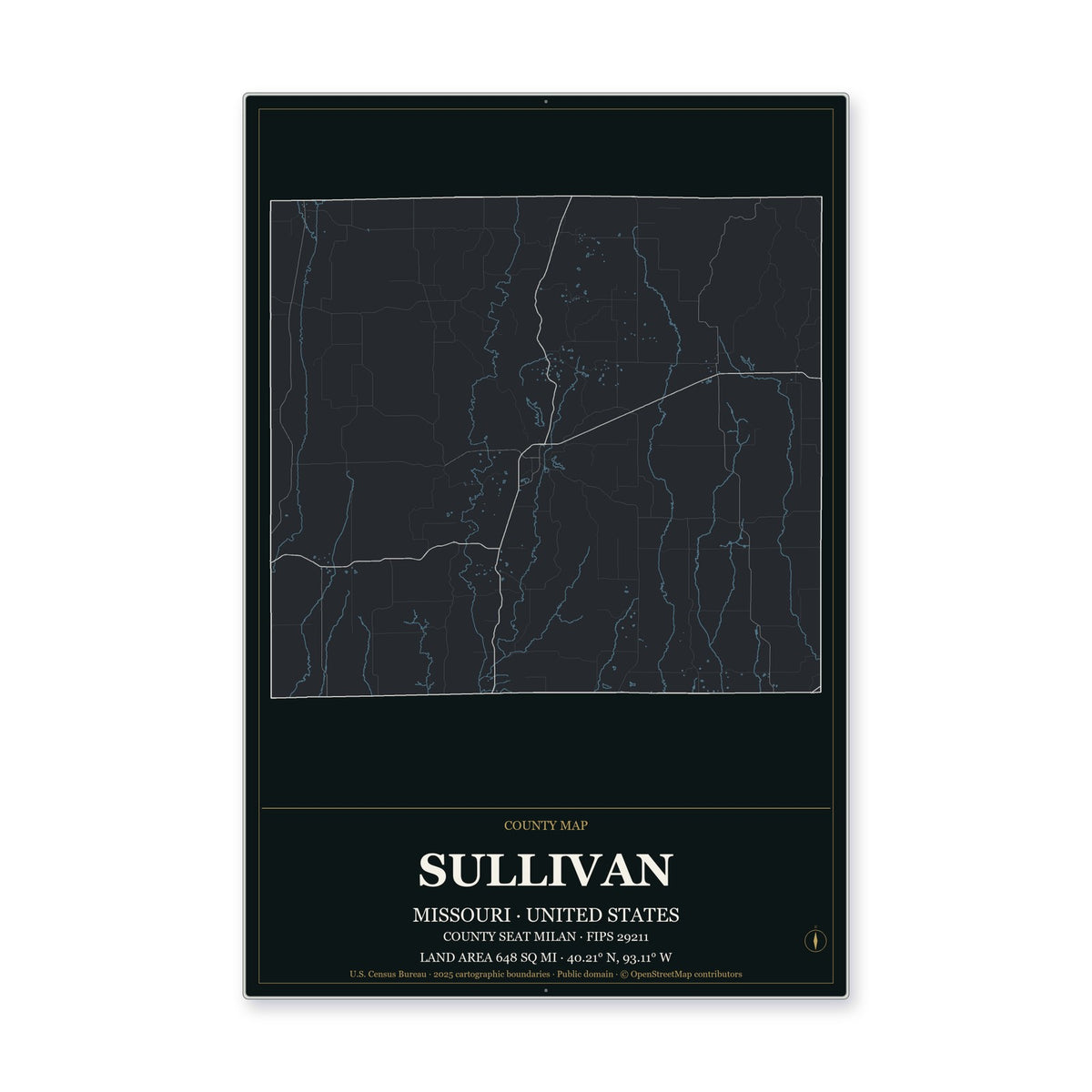 Sullivan County, Missouri Map Aluminum Sign in Metropolitan Noir style