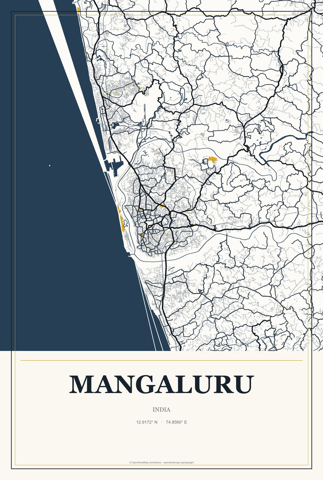 Mangaluru, India City Map Aluminum Sign in Citrine Modern style