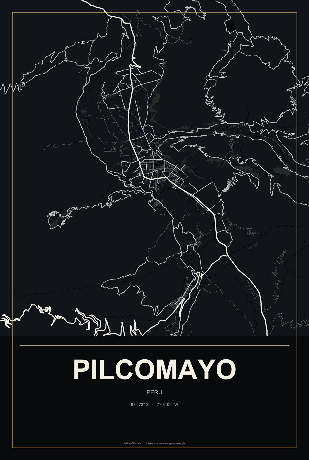Pilcomayo, Peru City Map Aluminum Sign in Metropolitan Noir style