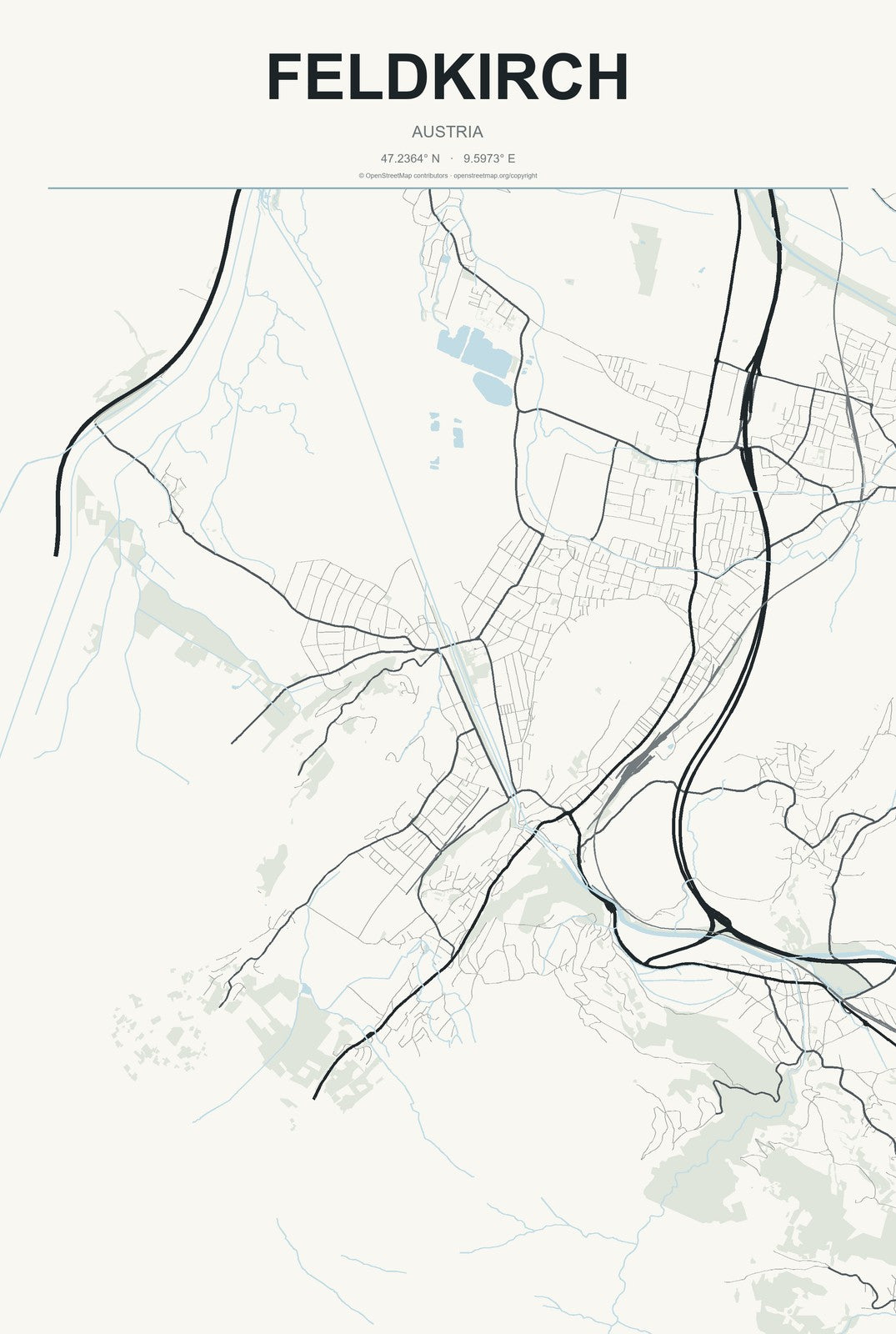Feldkirch, Austria City Map Aluminum Sign in Headline Atlas style