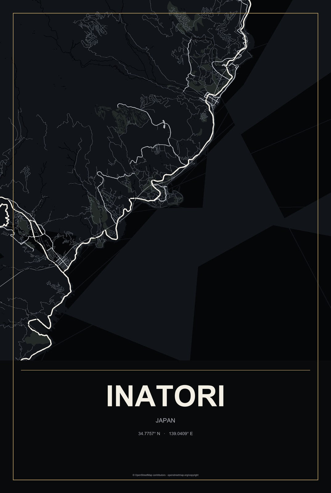 Inatori, Japan City Map Aluminum Sign in Metropolitan Noir style