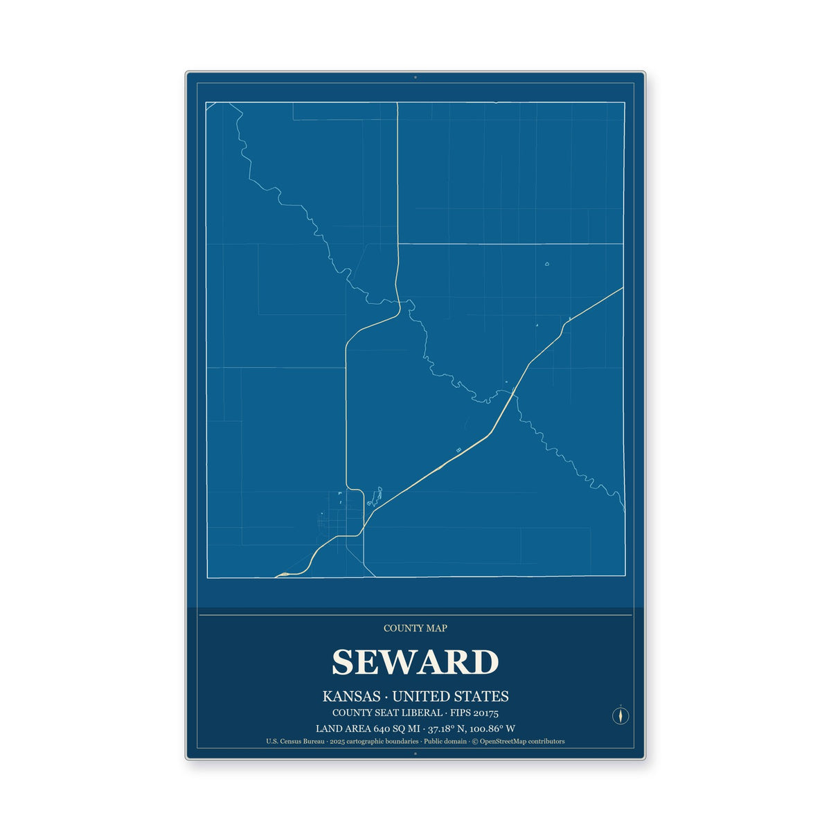 Seward County, Kansas Map Aluminum Sign in Harbor Cobalt style