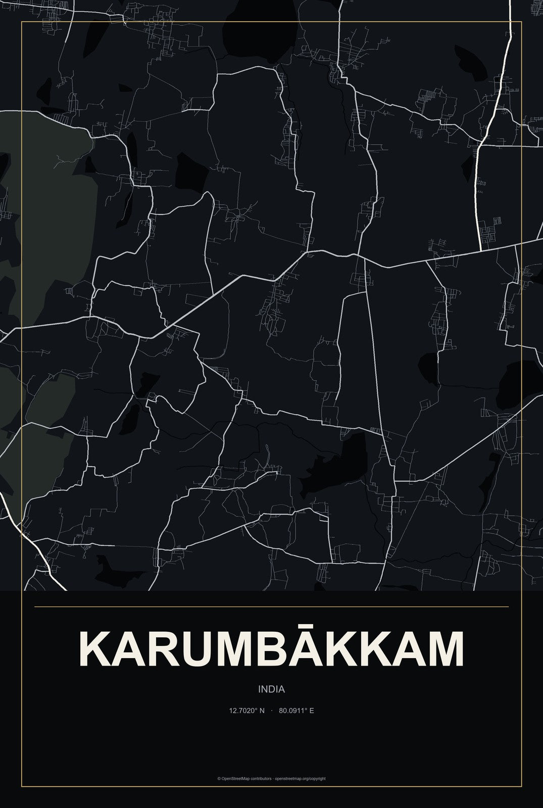 Karumbākkam, India City Map Aluminum Sign in Metropolitan Noir style