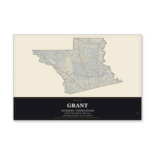 Grant Parish, Louisiana Map Aluminum Sign in Museum Plaque style