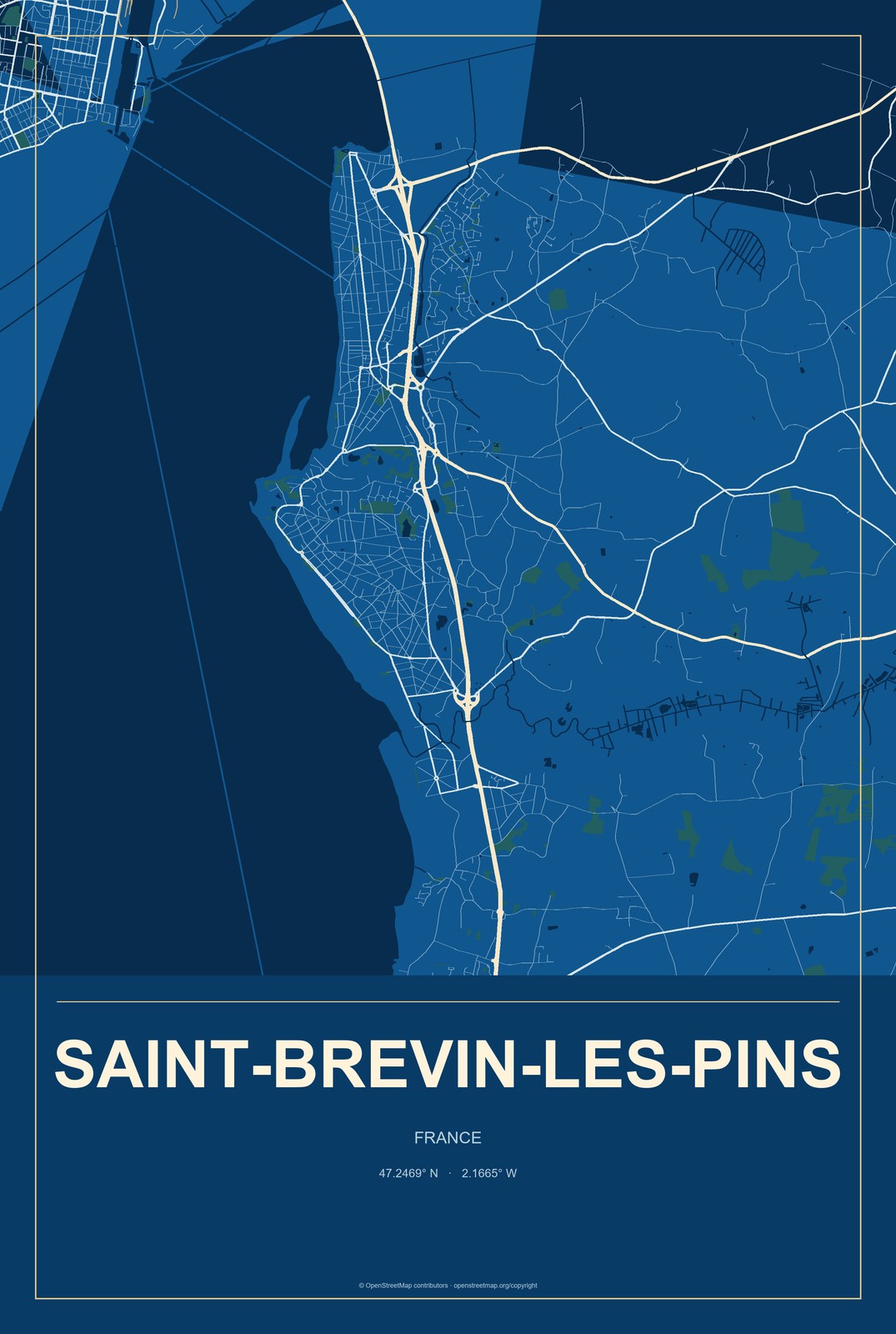 Saint-Brevin-les-Pins, France City Map Aluminum Sign in Harbor Cobalt style