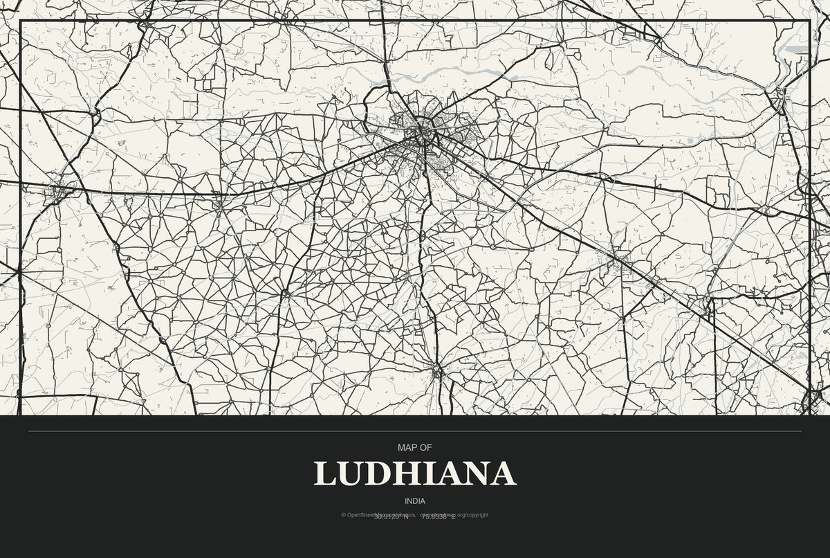 Ludhiana, India City Map Aluminum Sign in Museum Plaque style