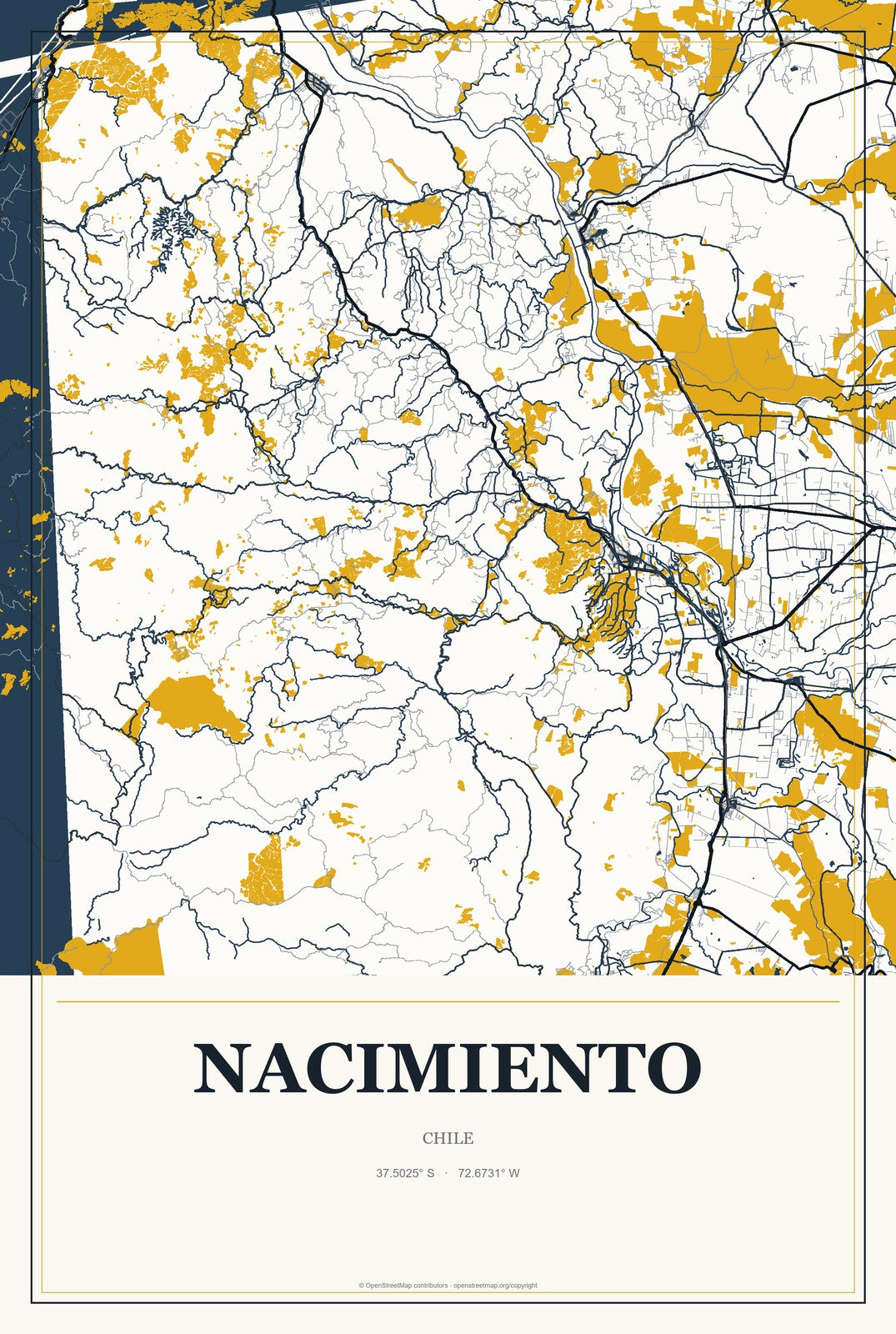 Nacimiento, Chile City Map Aluminum Sign in Citrine Modern style