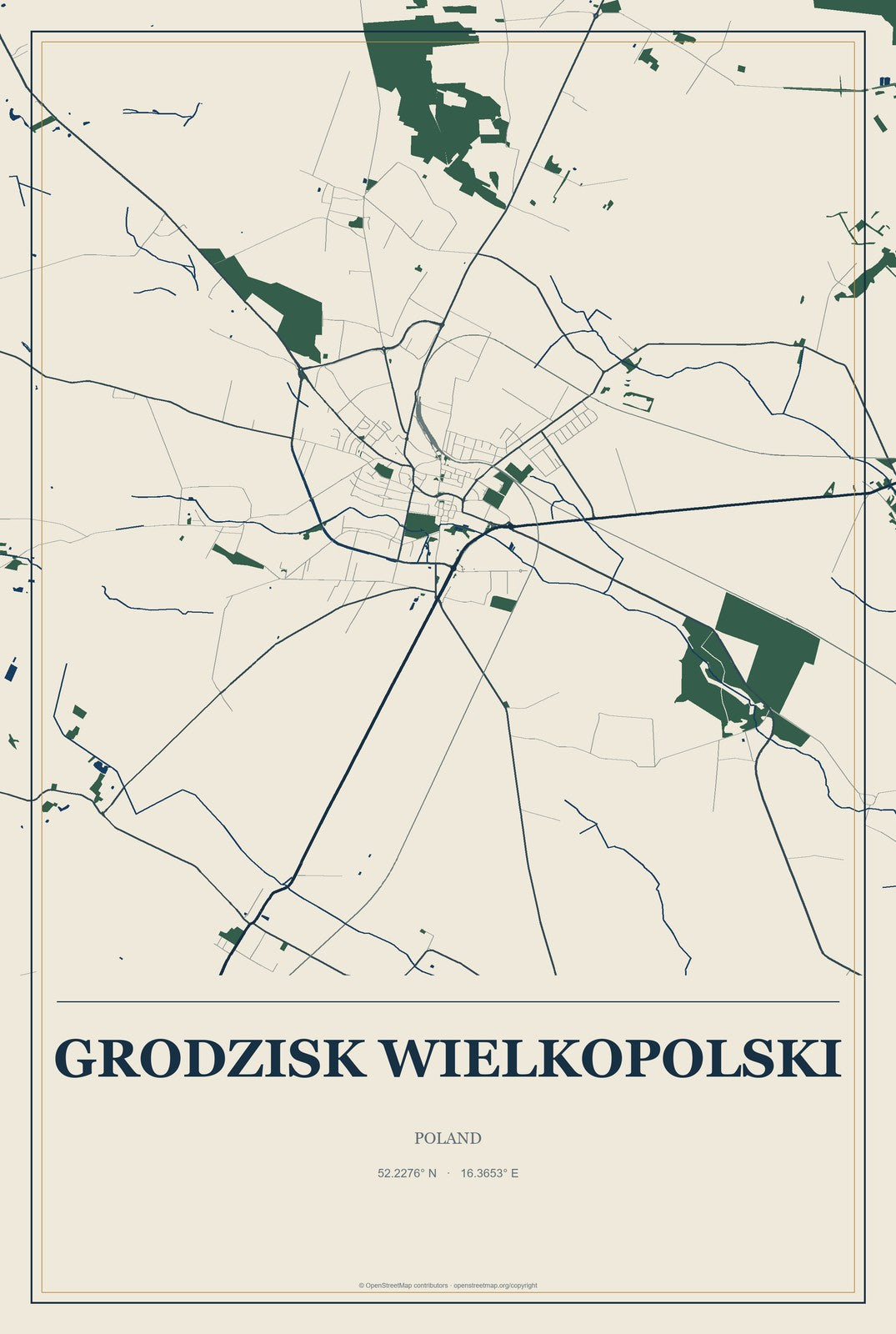 Grodzisk Wielkopolski, Poland City Map Aluminum Sign in Coastal Cutout style