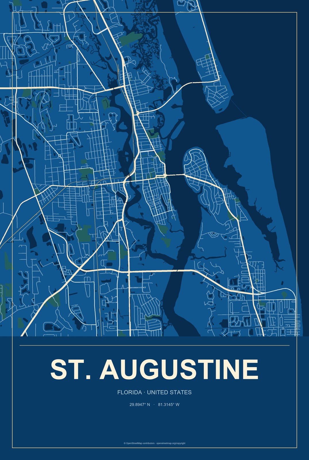 St. Augustine, Florida City Map Aluminum Sign in Harbor Cobalt style