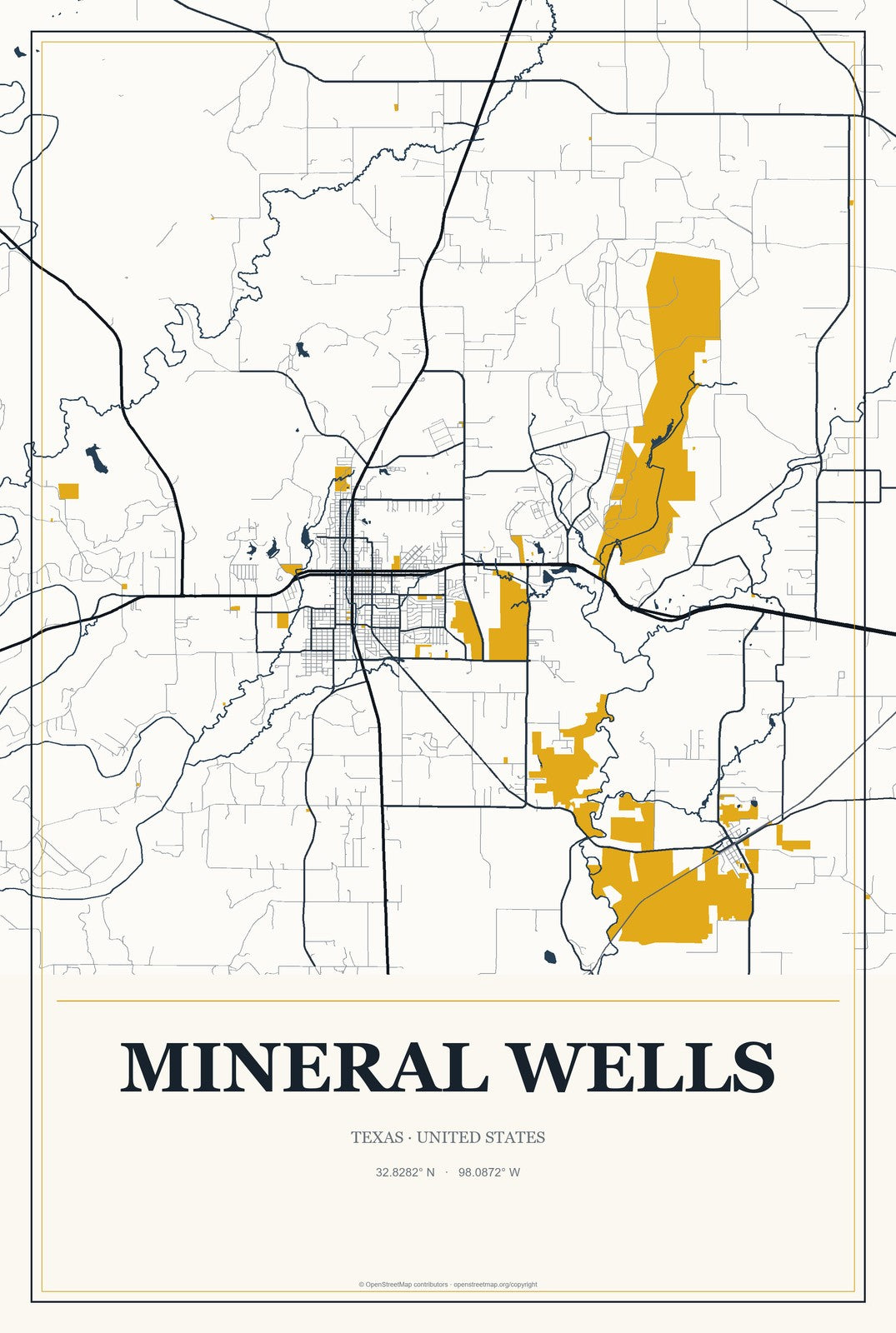 Mineral Wells, Texas City Map Aluminum Sign in Citrine Modern style