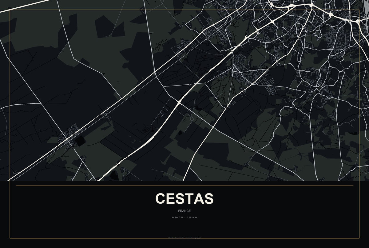 Cestas, France City Map Aluminum Sign in Metropolitan Noir style