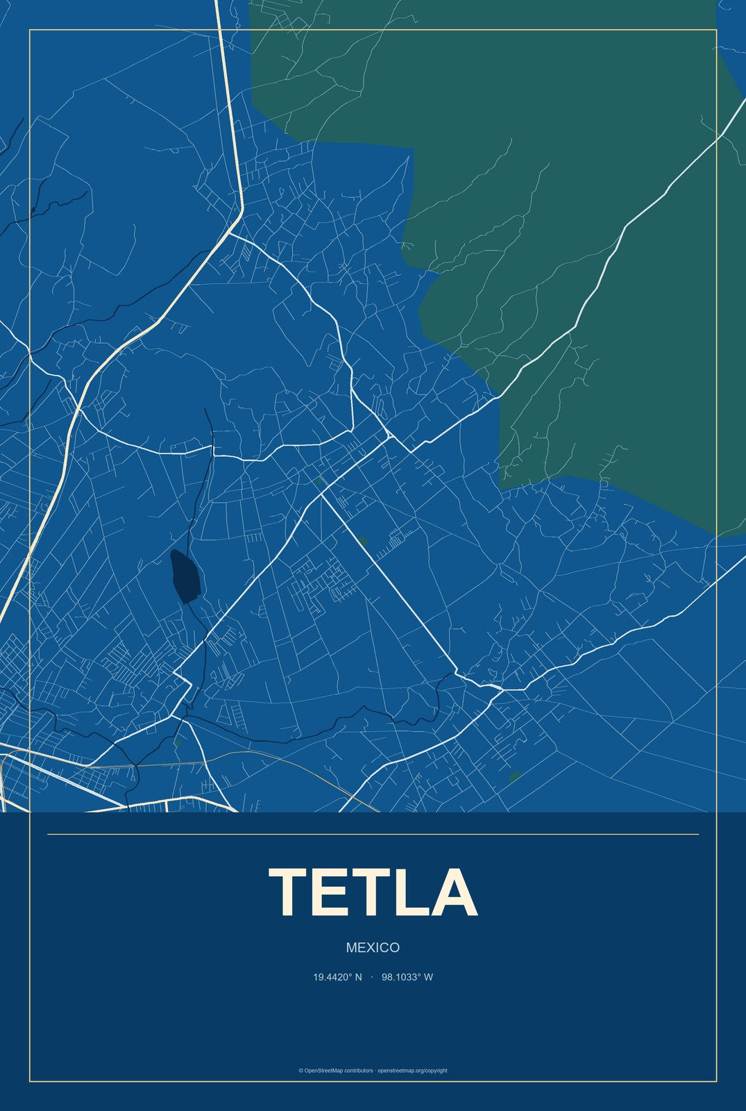 Tetla, Mexico City Map Aluminum Sign in Harbor Cobalt style