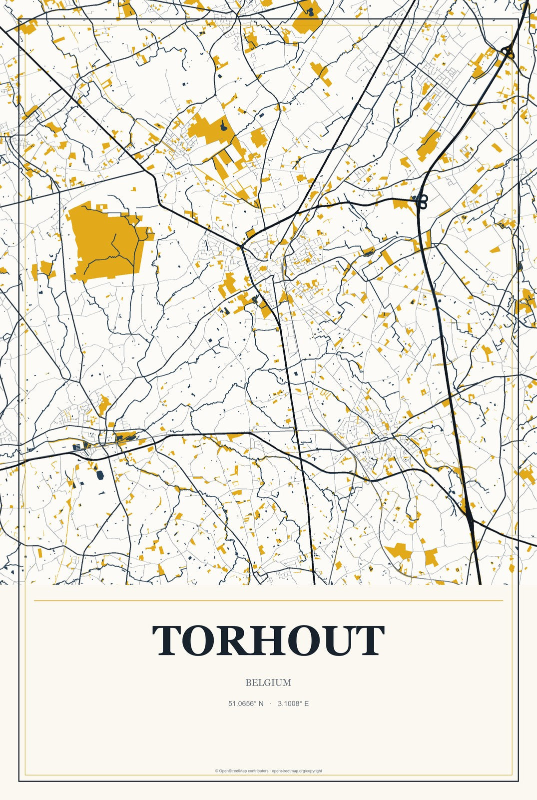 Torhout, Belgium City Map Aluminum Sign in Citrine Modern style