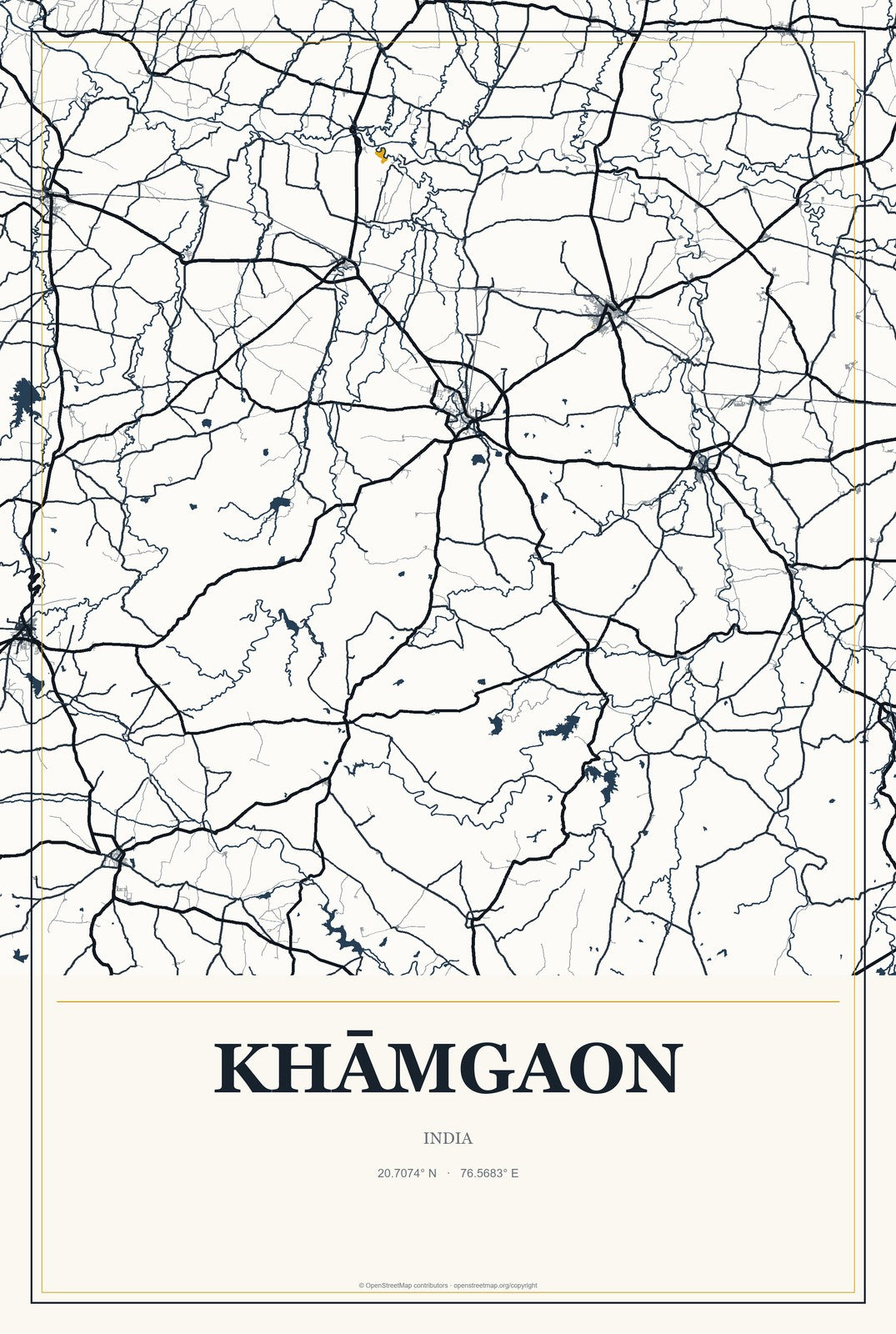 Khāmgaon, India City Map Aluminum Sign in Citrine Modern style
