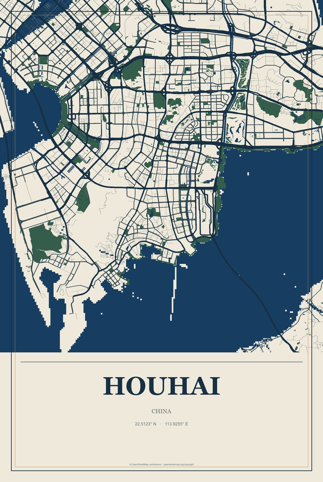 Houhai, China City Map Aluminum Sign in Coastal Cutout style