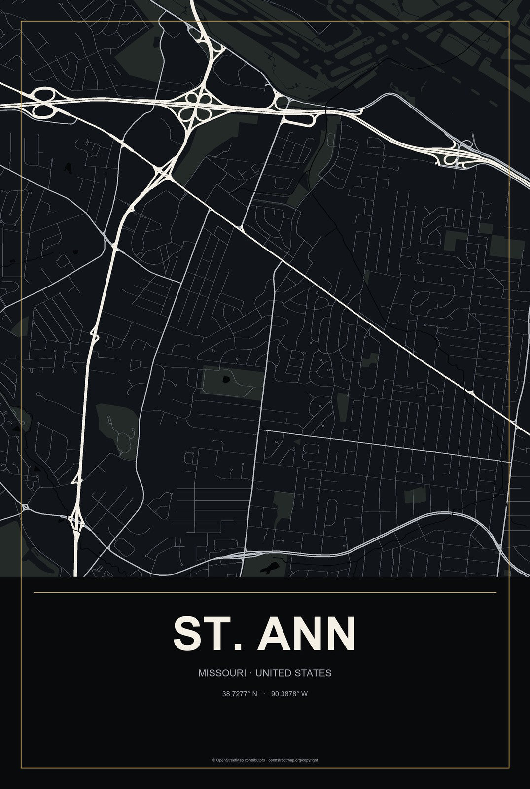 St. Ann, Missouri City Map Aluminum Sign in Metropolitan Noir style