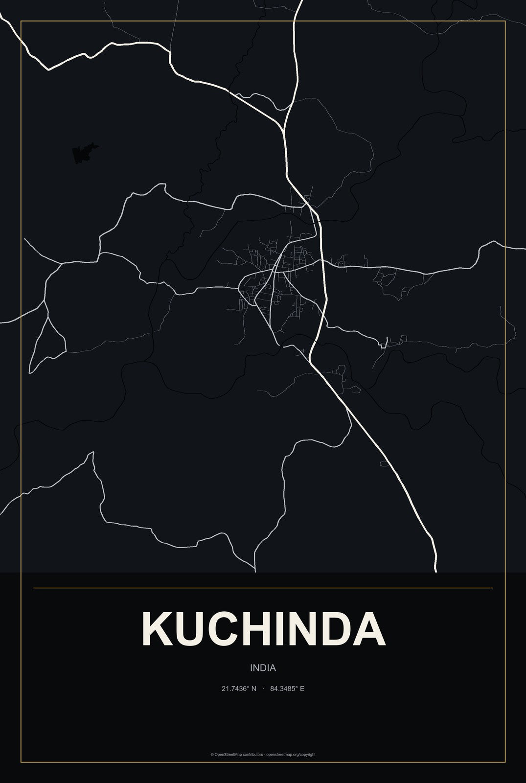Kuchinda, India City Map Aluminum Sign in Metropolitan Noir style