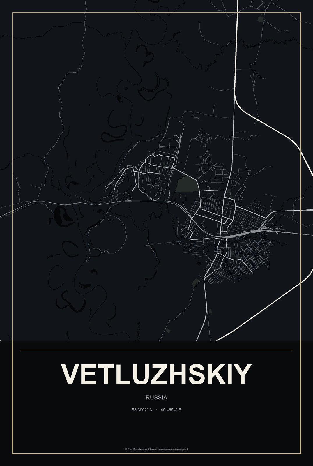 Vetluzhskiy, Russia City Map Aluminum Sign in Metropolitan Noir style