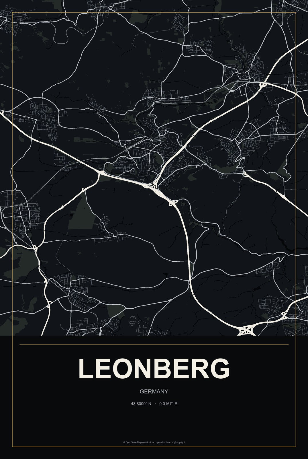 Leonberg, Germany City Map Aluminum Sign in Metropolitan Noir style