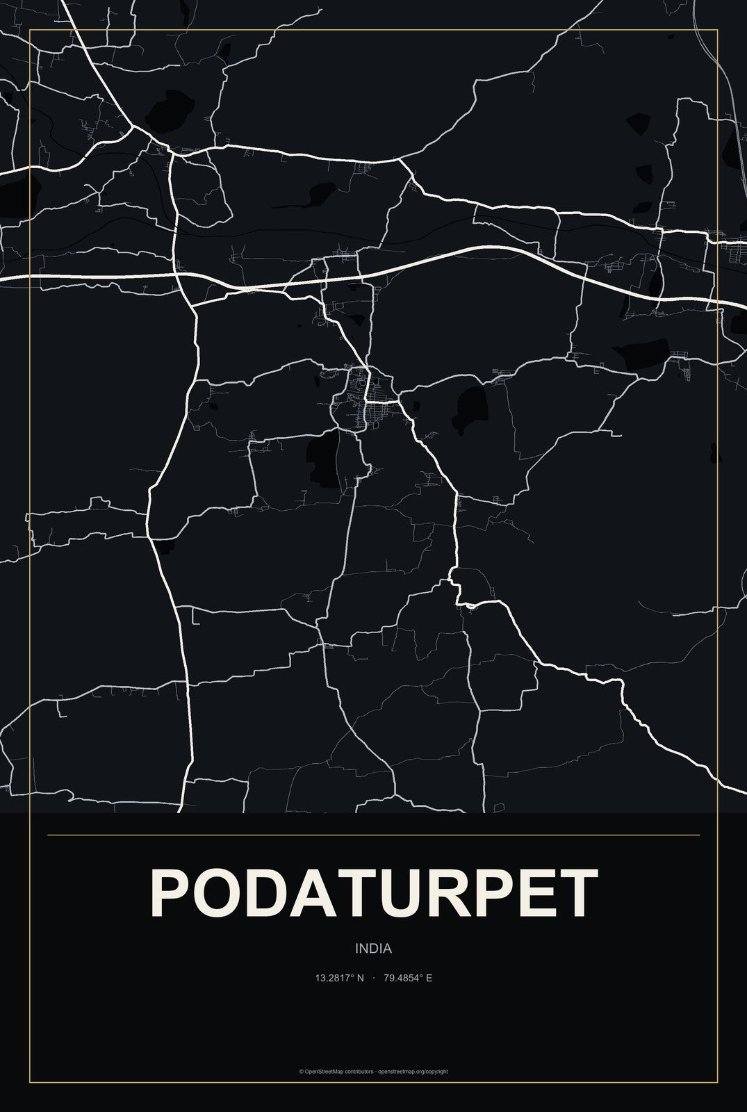 Podaturpet, India City Map Aluminum Sign in Metropolitan Noir style