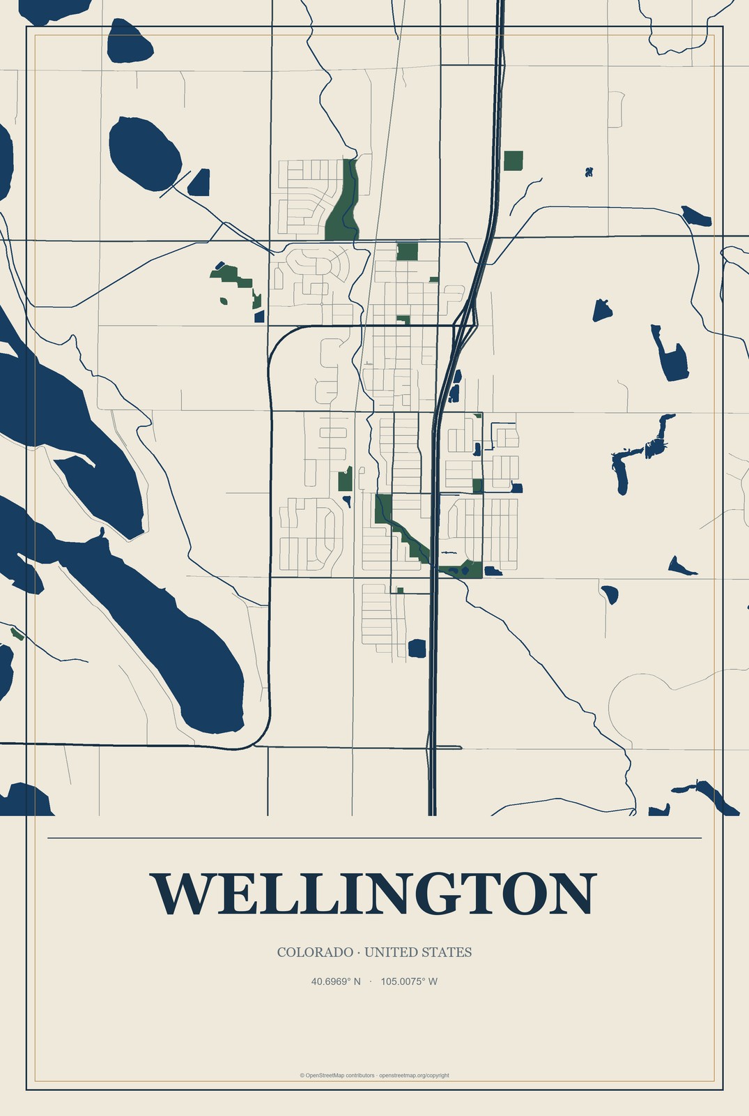 Wellington, Colorado City Map Aluminum Sign in Coastal Cutout style