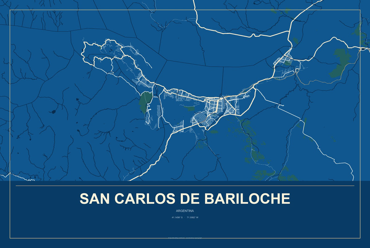 San Carlos de Bariloche, Argentina City Map Aluminum Sign in Harbor Cobalt style