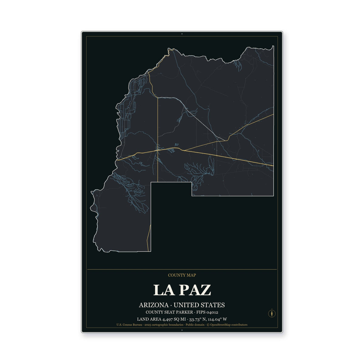 La Paz County, Arizona Map Aluminum Sign in Metropolitan Noir style