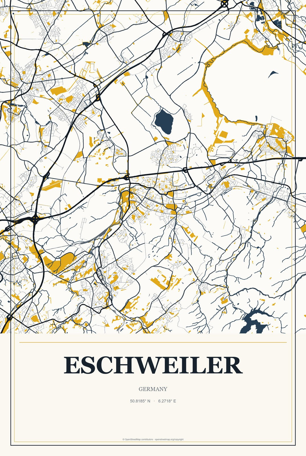 Eschweiler, Germany City Map Aluminum Sign in Citrine Modern style
