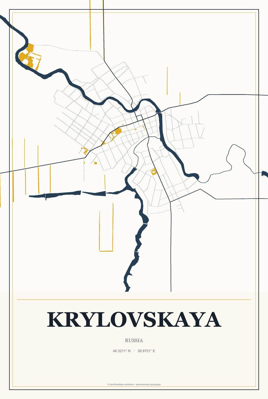 Krylovskaya, Russia City Map Aluminum Sign in Citrine Modern style