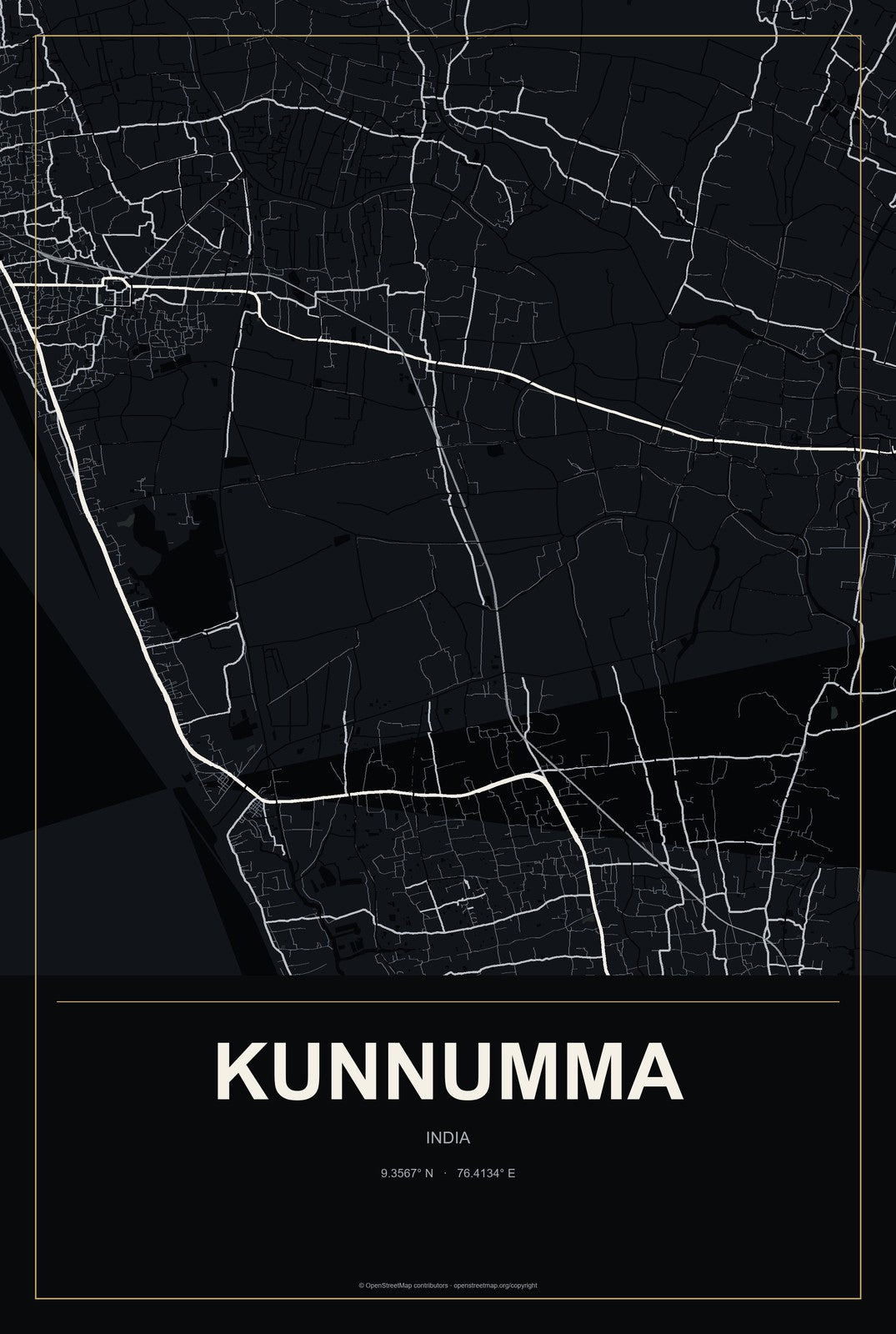 Kunnumma, India City Map Aluminum Sign in Metropolitan Noir style