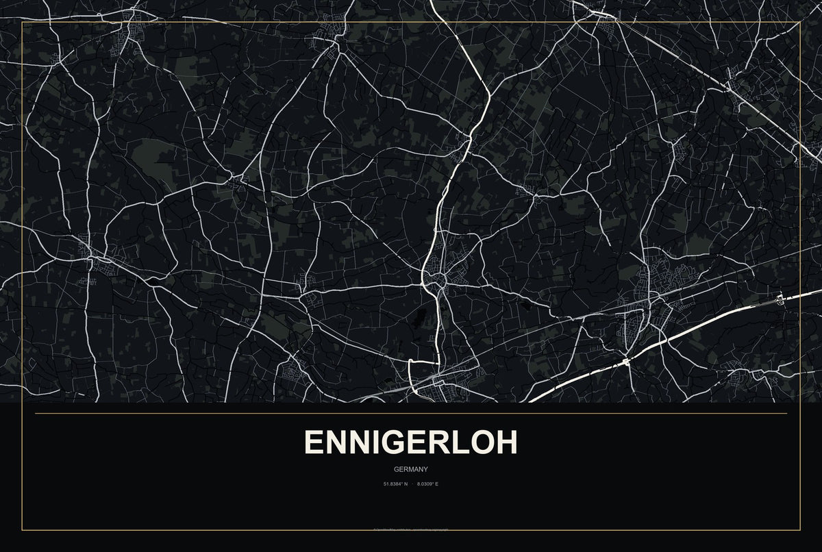 Ennigerloh, Germany City Map Aluminum Sign in Metropolitan Noir style