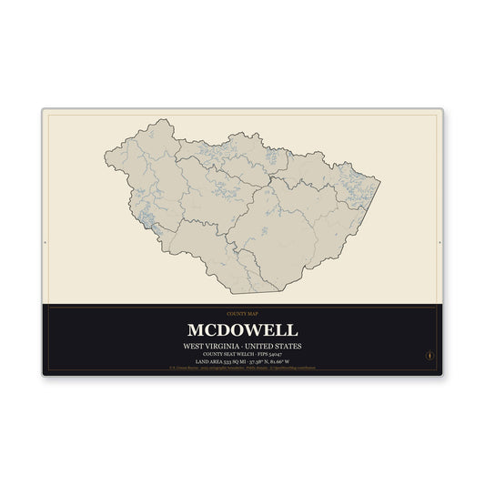 McDowell County, West Virginia Map Aluminum Sign in Museum Plaque style