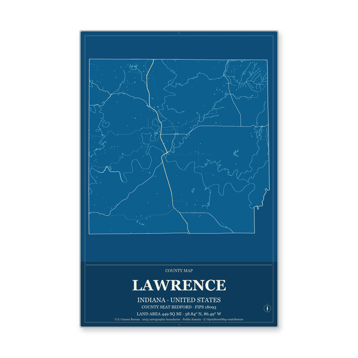 Lawrence County, Indiana Map Aluminum Sign in Harbor Cobalt style