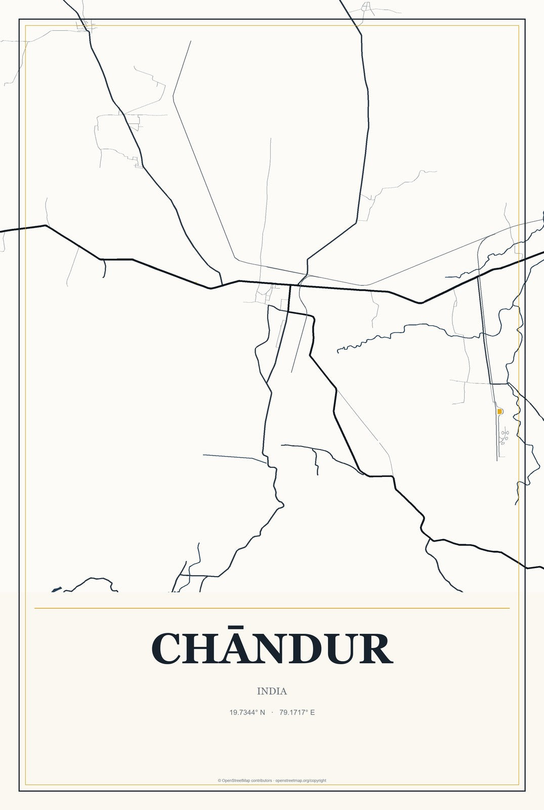 Chāndur, India City Map Aluminum Sign in Citrine Modern style