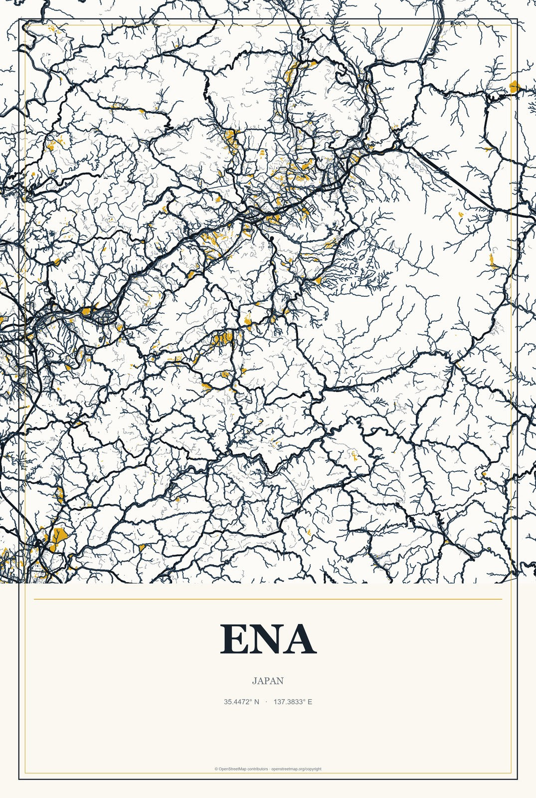 Ena, Japan City Map Aluminum Sign in Citrine Modern style