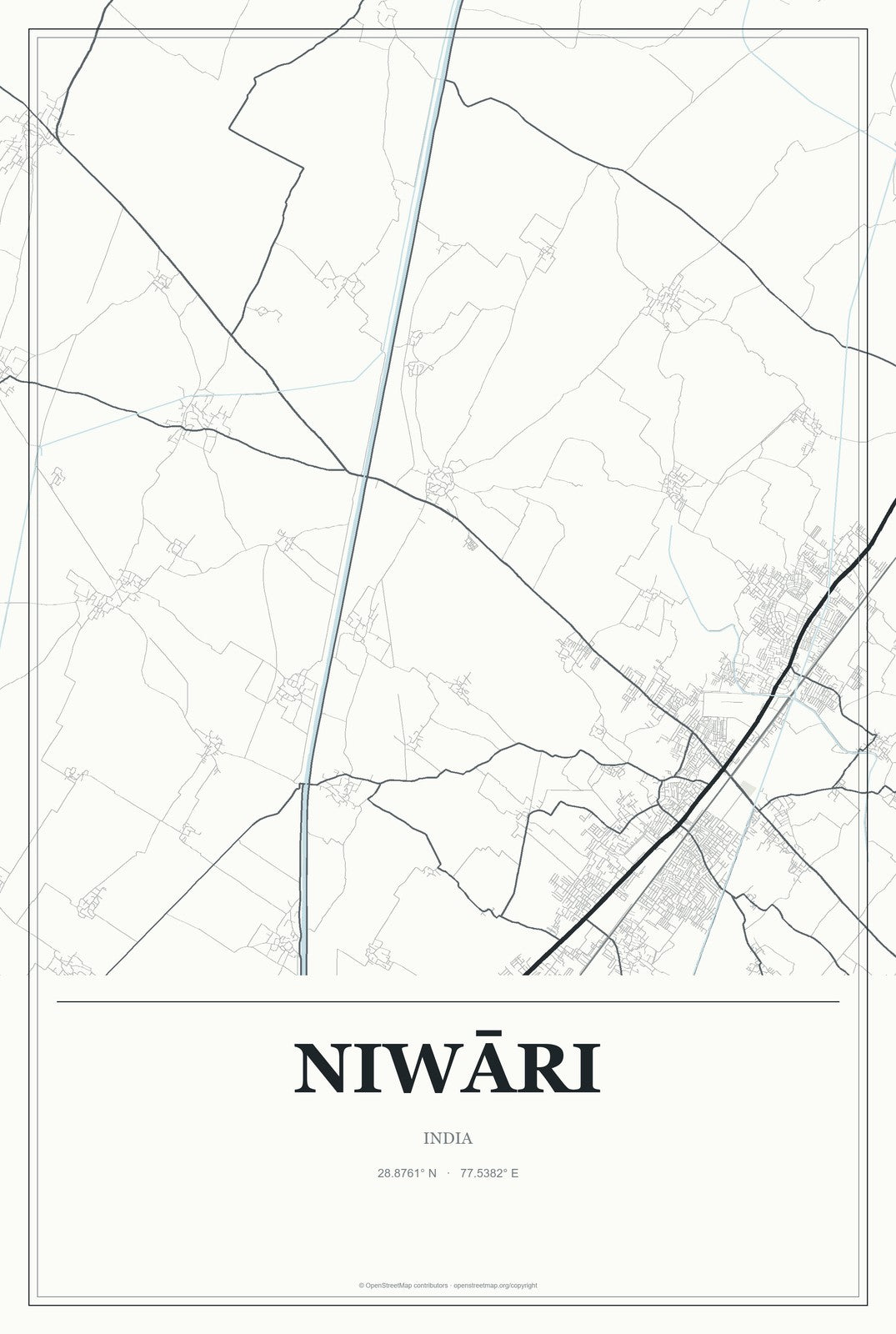 Niwāri, India City Map Aluminum Sign in Gallery Air style