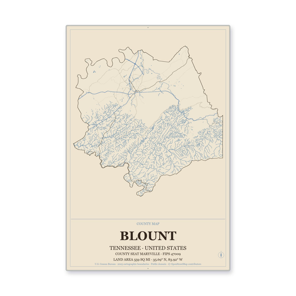 Blount County, Tennessee Map Aluminum Sign in Heritage Nautical style