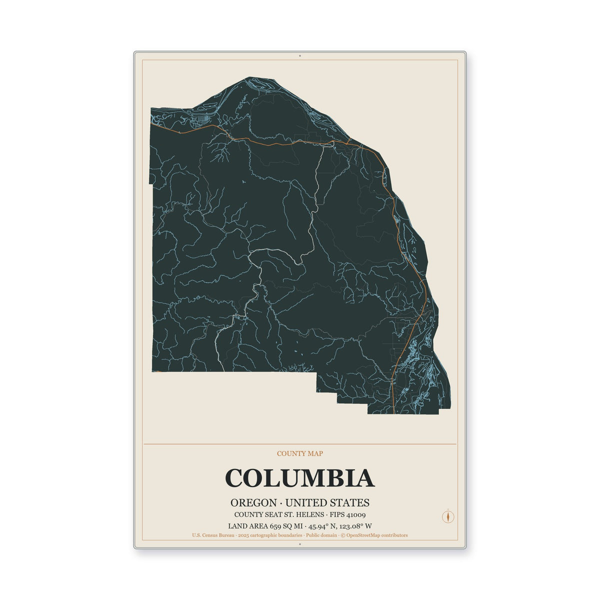 Columbia County, Oregon Map Aluminum Sign in Headline Atlas style