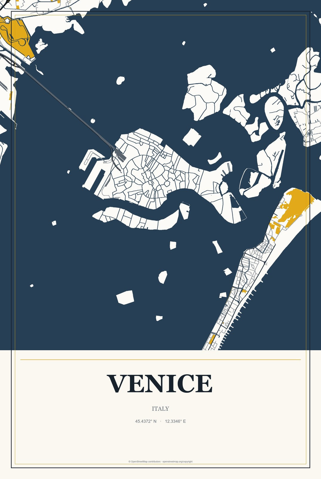 Venice, Italy City Map Aluminum Sign in Citrine Modern style