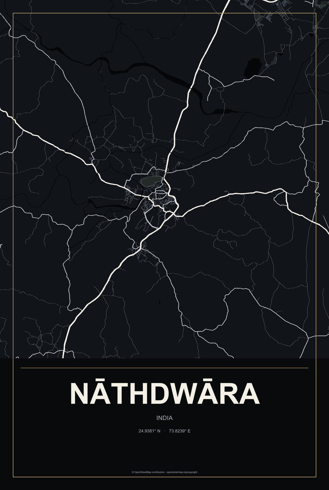 Nāthdwāra, India City Map Aluminum Sign in Metropolitan Noir style