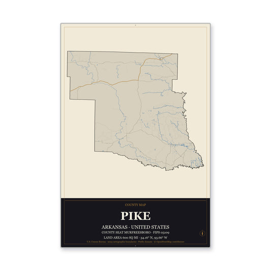 Pike County, Arkansas Map Aluminum Sign in Museum Plaque style
