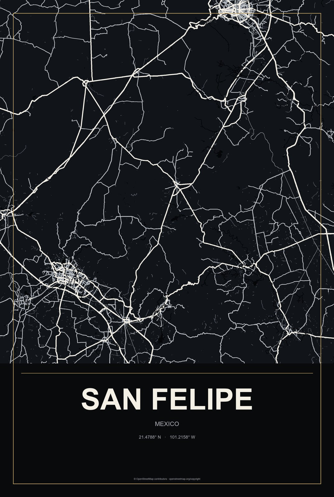 San Felipe, Guanajuato, Mexico City Map Aluminum Sign in Metropolitan Noir style
