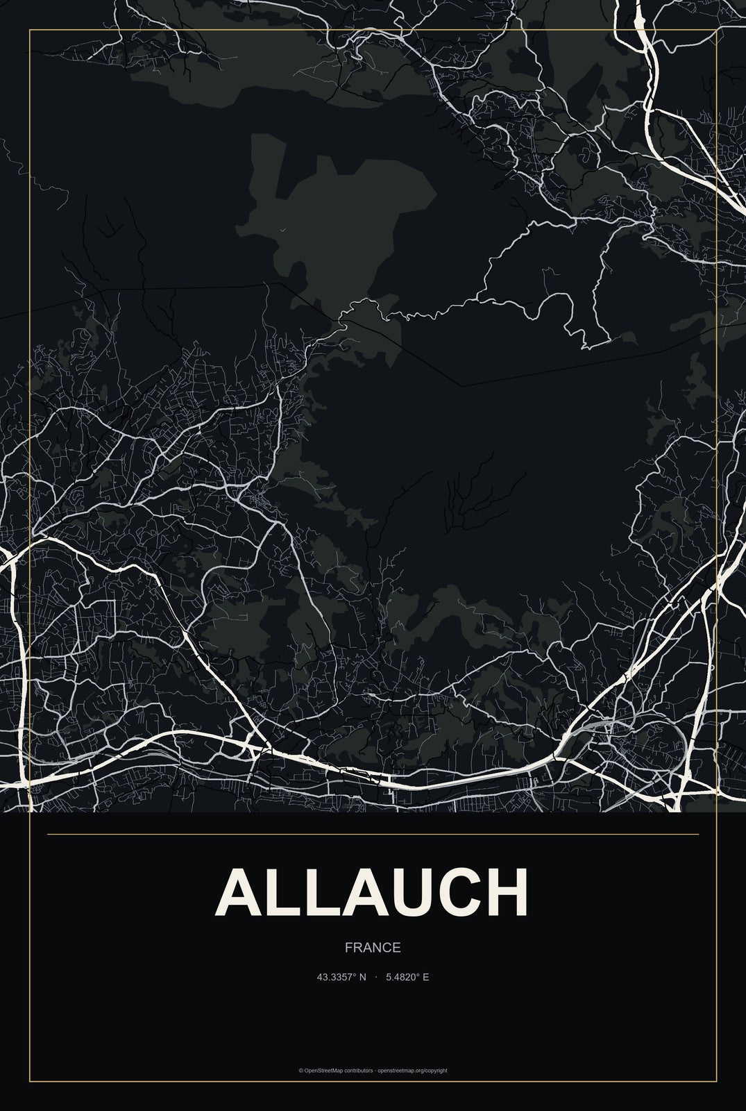 Allauch, France City Map Aluminum Sign in Metropolitan Noir style