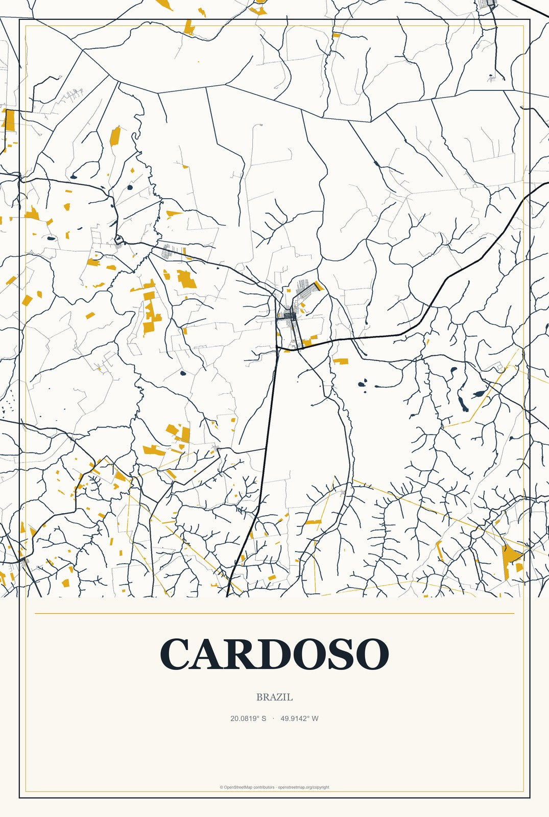 Cardoso, Brazil City Map Aluminum Sign in Citrine Modern style
