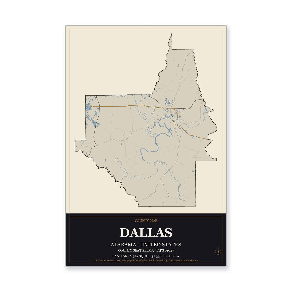 Dallas County, Alabama Map Aluminum Sign in Museum Plaque style